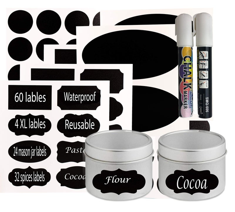 EHOMEA2Z Chalkboard Jar Labels for Canning Mason Jars Premium Reusable Stickers Glass Chalk + 2 Large Erasable Markers (60 Labels) - Image 1